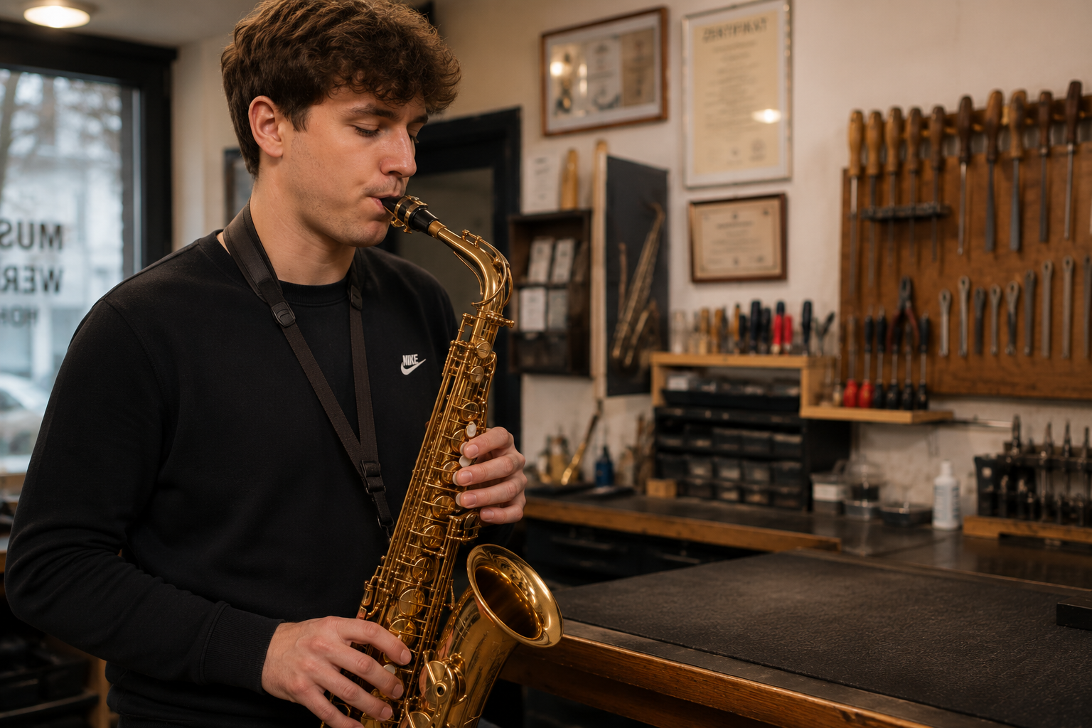 Ein Saxophonist testet ein frisch gewartetes Instrument in der Werkstatt